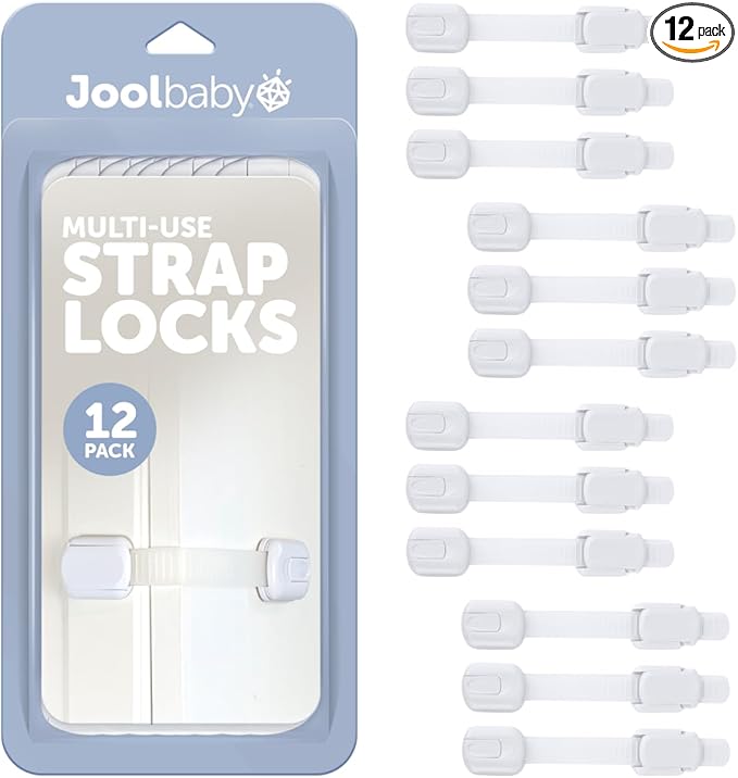 Child Safety Strap Locks (12 Pack) Baby Proof Cabinets, Drawers, Fridge, Toilet & Trash Cans – 3M Adhesive Childproof Locks – Jool Baby