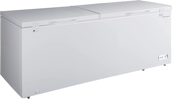 Hamilton Beach HBFRF2129 21 cu ft Double Door LID Garage-Ready Chest Freezer-White, Vinyl-Coated Baskets, Space-Saving Flat Back, Stay-Open, Front-Access Drain, for Storage, Hunting, Large Family