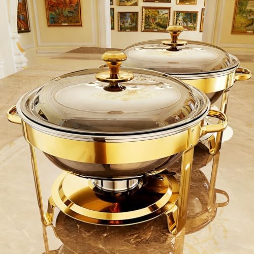 Chafing Dishes for Buffet, 4 Pack 5QT Round Stainless Steel Chafing Dish Set for Home Parties, Christmas Gatherings, Catering Events Complete Buffet Warmer Set (Golden 2) by KScocina
