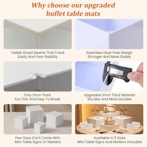 6 PCS White Acrylic Buffet Risers with 6 Signs and 8 Markers, Buffet Risers and Stands Nesting Cube Boxes with Hollow Bottoms, Food Display Stands for Party Catering Dessert Jewelry, 8"7"6"5"4"4" - Image 3