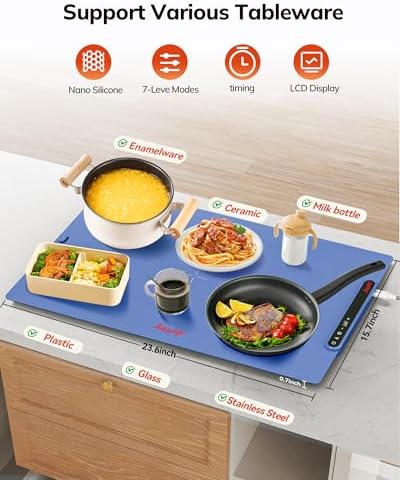 Laudlife Electric Warming Mat for Food, Roll-Up Silicone Heating Pad with 7 Adjustable Tempmaster Levels, Foldable Warming Tray for Countertop,Buffet Party, Kitchen & Home, Child Lock, Dark Bule - Image 4
