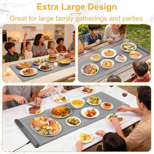 Food Warming Mat, 35"x15" XL Large Heating Warming Mat for food with 6 Level Temperature, 6 Hours Timer & Safety Lock, Flexible Silicone Food Warmer, Portable Warming Trays for Party Home Kitchen-Gray - Image 6