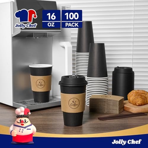 JOLLY CHEF 16 oz Black Coffee Cups with Lids, Sleeves & Stirrers 100 Pack - Image 4