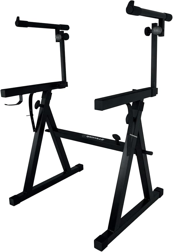 Rockville Z55 Z-Style 2-Tier Piano Keyboard Stand w/ Bag & Headphone Hook – Portable & Sturdy, Height & Width Adjustable, Fits 54/61/76/88-Key Electric Pianos & Keyboards – 250 lb Capacity