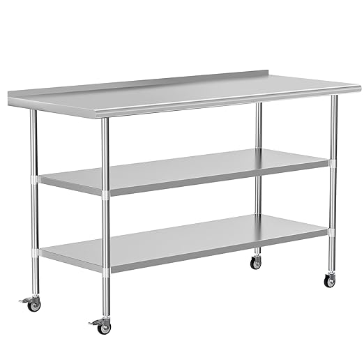 Stainless Steel Prep Table 24" X 60" with 2 Adjustable Undershelves, Backsplash and Wheels, Commercial Metal Workstations for Kitchen, Garage, Outdoor BBQ