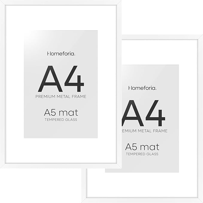 Homeforia A4 Picture Frame White, High End Metal 8.3 x 11.7 Frames for Wall, A4 Photo Frame with Mat for A5 inch Print, 8.25 by 11.75 White Poster Frames, 8.3x11.7 Frame with Glass, Wall Kit, Set of 2
