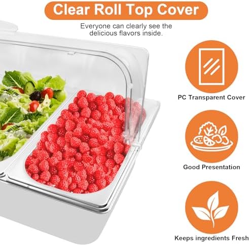 Countertop Food Serving Display Container with Clear Roll Top Cover, Catering Supplies Buffet Display, Perfect Salad Bar Buffet Station for Home and Catering Supplies, Cold Food Buffet Server(3 Pan) - Image 5