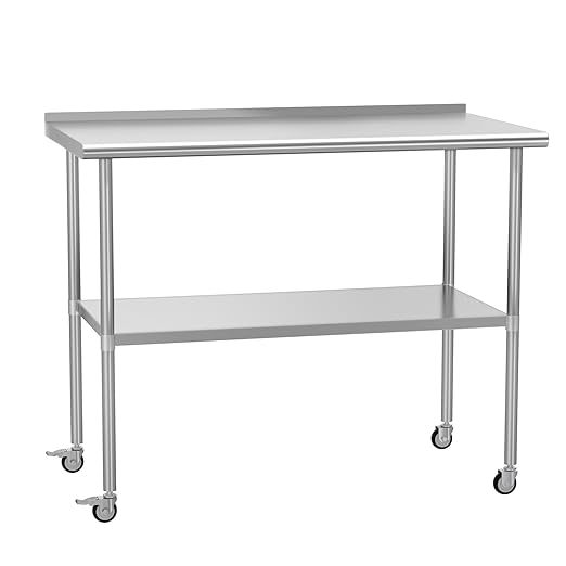 Stainless Steel Prep Table 24" X 48" with Adjustable Undershelf, Backsplash and Wheels, Commercial Metal Workstations for Kitchen, Garage, Outdoor BBQ