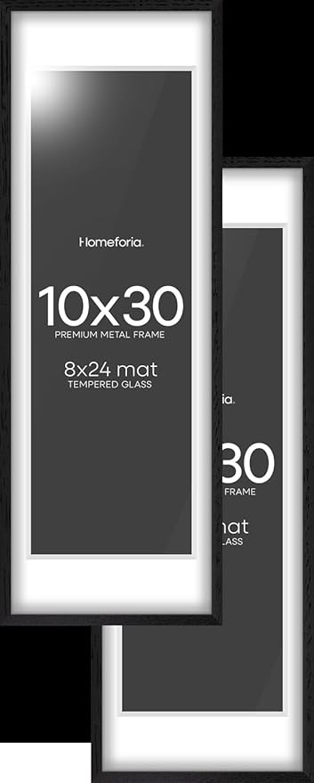 Homeforia 10x30 Black Wood Picture Frame, High End Oak 10x30 Poster Frames with Mat 8x24 Print, 10 x 30 Black Wooden Frames Matted to 8 by 24, 30x10 Panoramic Frame, Tempered Glass, Wall Kit, Set of 2