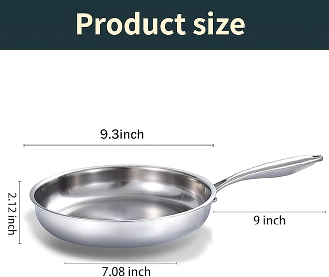 DELARLO Tri-Ply Stainless Steel 9.3 Inch Frying Pan with Lid, 18/10 Stainless Steel Skillet, Heavy Duty, Compatible for Induction, Ceramic, Electric, Gas Cooktops Up to 600℉, Fast & Even Heat
