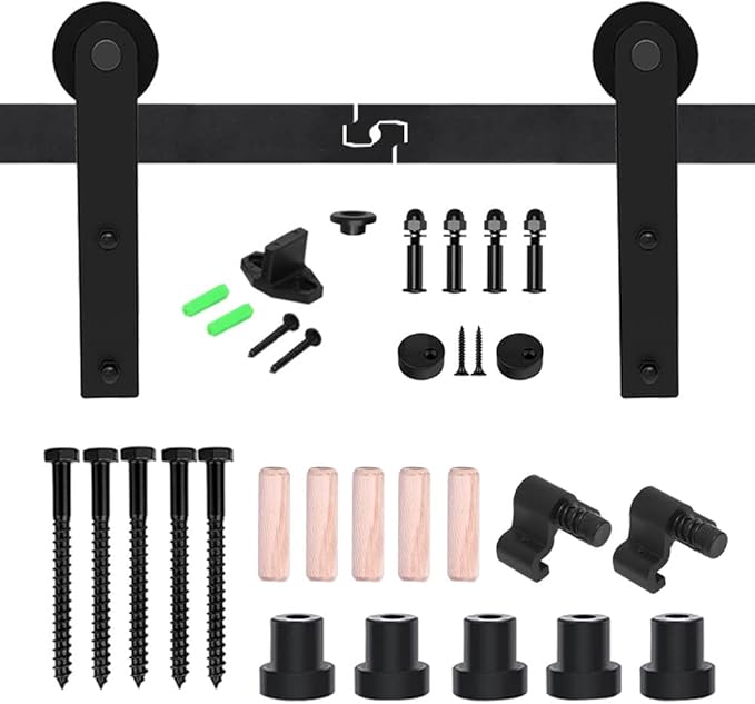 CCJH 8.2FT Single Sliding Barn Door Hardware Kit Black Carbon Steel Hanger Flat Track System for Closet Kitchen 1 Door 49 inch Wide, Smoothly and Quietly I Shape Roller