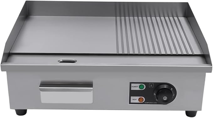 Commercial Countertop Grill 110V 1600W Electric Flat Top Griddle Grill 21.7"x13.8" Flat & Fluted Stainless Steel Flat Top Teppanyaki Griddle Nonstick BBQ Grill Temperature Range 122-572°F