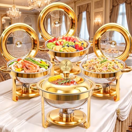 4 Pack 6QT Gold Chafing Dishes for Buffet,Installation-Free Stands,Round by Unknown