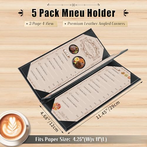 Restaurant Menu Covers Holders 4.25" x 11" | Pack of 5 Synthetic Leather Triple Fold Panels 4 View Angled Corners Black for Wine List, Drinks (5, Triple Fold Panels 4 View (4.25 x 11 inch)) - Image 2