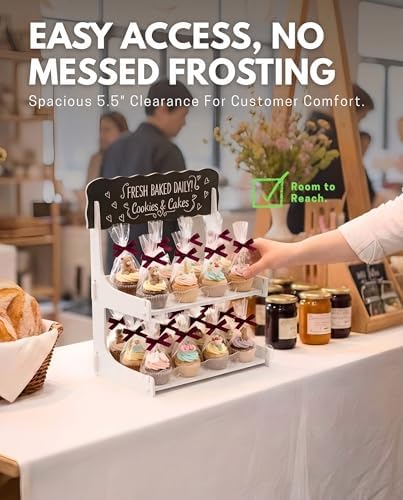 HOTCAN Cookie Display Stand for Bakers & Vendors with Acrylic Front | Wooden Dessert Stand with Chalkboard Sign for Market Booths, Craft Fairs & Events | 2 Tiered Cookie Display for Cupcakes, Muffins & Pastries (White) - Image 2