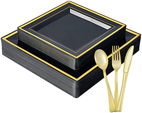 125 PCS Plastic Plates Set Gold Disposable Dinnerware Set for 25 Guests by JOLLYCHEF
