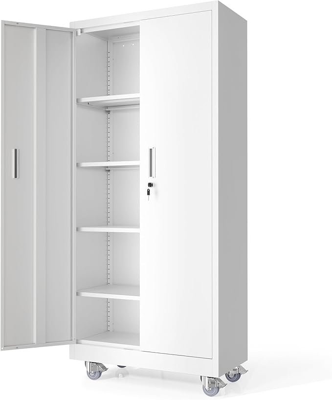 VINGLI Rolling Metal Storage Cabinet with Adjustable Shelves, 71'' Tall Garage Storage Cabinet with Wheels, Locking Tool Cabinets for Home Office Garage Gym School (White)