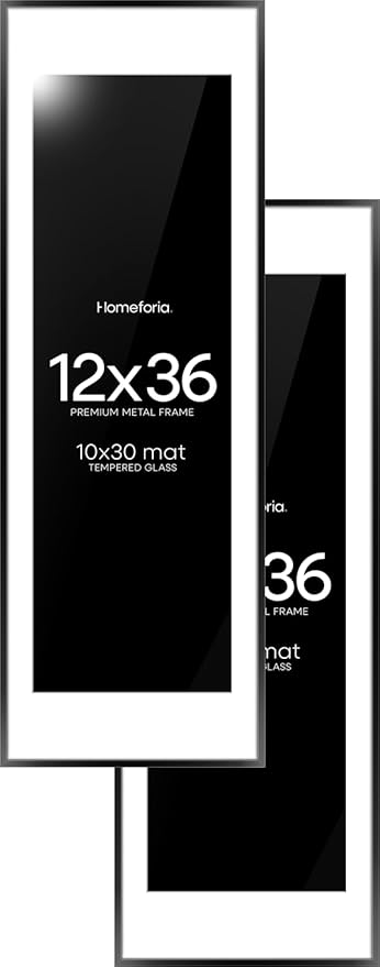 Homeforia 12x36 Picture Frame Black, High End Metal 12x36 Poster Frames with Mat 10x30 for Photo, 12 x 36 Black Frame Matted to 10 by 30 Art, 36x12 Panoramic Frames, Tempered Glass, Wall Kit, Set of 2