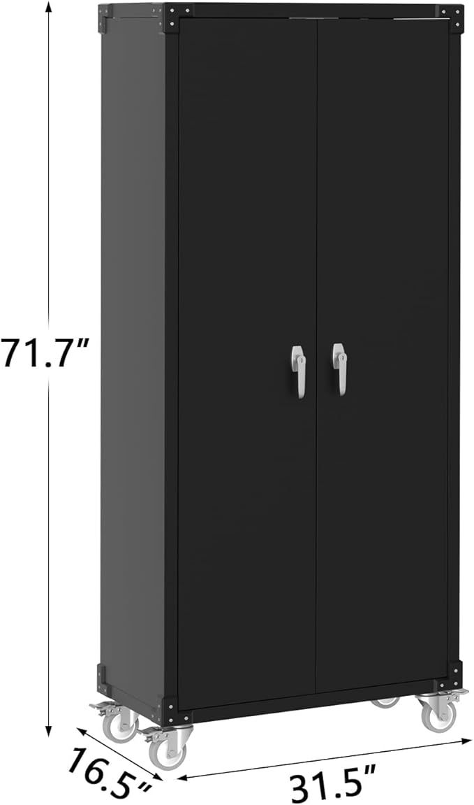 GarveeHome Garage Storage Cabinet 72 in Locking w/Wheels & Pegboard | Heavy-Duty Steel w/ 4 Adjustable Shelves | Workshop Home Office Organizer, Black