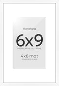 Homeforia 6x9 Picture Frame White, High End Metal 6 x 9 Frames with Mat 4 by 6 for Print, Photo Frame 6x9 White Matted to 4x6 inches Art, 6by9 Wall or Tabletop Frames, Tempered Glass, Wall Kit, Set of 1