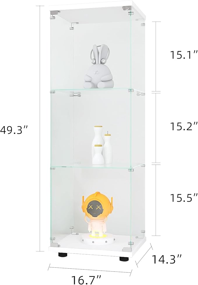 Yoluckea 3 Shelves Glass Display Cabinet with Door,Floor Standing Clear Glass Curio Cabinet Collection Display Case for Living Room Bedroom 49.41”x15.16”x13.58” White (Quick Assembly)