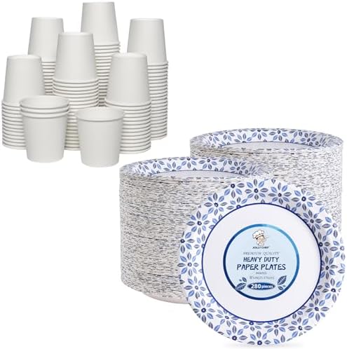 JOLLY CHEF Disposable Coffee Cups and Plates, Printed Paper Plates 8in 280 Count, 4 oz Small Paper Cups 300 Pack for Bathroom,Mouthwash and Daily Use by JOLLYCHEF