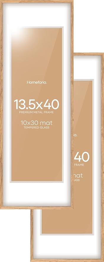 Homeforia 13.5x40 Wood Frame, High End Natural Oak 13.5x40 Light Wooden Picture Frame with Mat 10x30, 13.5 x 40 Poster Frames Matted to 10 by 30 Art, 40x13.5 Frames, Tempered Glass, Wall Kit, Set of 2
