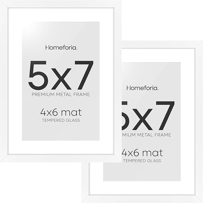 Homeforia 5x7 Picture Frame White, High End Metal 5 x 7 White Frames with Mat 4 x 6 for Art, 5x7 Desk Frame Matted to 4x6 inch Photo, 5 by 7 Wall or Tabletop Frames, Tempered Glass, Wall Kit, Set of 2