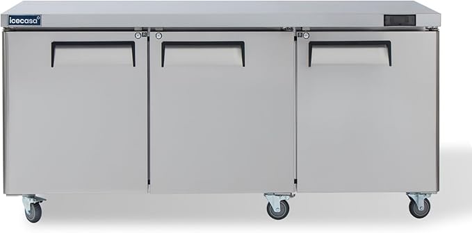 ICECASA 72" W Commercial Refrigerator Worktop Undercounter Refrigerator Three Door Stainless Steel Counter Fan Cooling Refrigerator 20 Cu.ft for Restaurant, Bar, Shop, etc