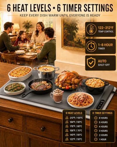 Graphene Food Warming Mat Extra Large 32"x16" with Insulation Pad for Countertop, Chafing Dishes for Buffet, for Kitchen, Food Warmers for Parties, Portable Heating Pad, 560W Custom Warm Setting, Grey - Image 3