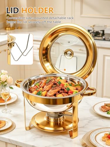 Chafing Dishes for Buffet, 4 Pack 4.5QT Round Chafing Dishes, Gold Stainless Steel Chafing Dish Buffet Set with Glass Lid and Lid Holder for Home Parties, Wedding,Catering Events - Image 5