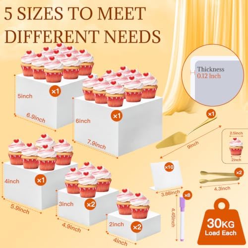 7 Pcs Buffet Risers with Mini Sign and Maker Serving Tongs Cake Cutter, White Acrylic Food Display Stands for Buffet Table Party Catering Dessert Nesting Cube Boxes with Hollow Bottoms (8",7",6",5",5",4",4") - Image 3