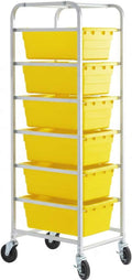 19"x26"x69" Mobile Aluminum Lug Rack with 6 Yellow Meat Lugs/Tote Boxes - NSF Heavy-Duty Commercial Portable Storage Cart with 5" Casters, 400 lb., Food Prep and Dishroom Durable Utility Rack