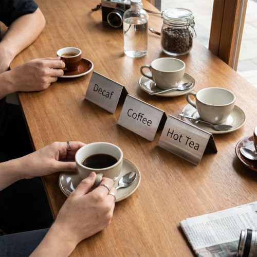 7Pcs Stainless Steel Coffee Table Tent Signs, 3.9 x 2.4 Inch Double Sided Beverage Display Stand for Cafe Buffet Restaurant Party (Coffee, Decaf, Hot Tea, Iced Tea, Hot Water, Cream, Milk) - Image 6