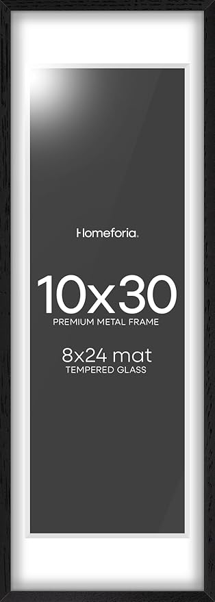 Homeforia 10x30 Black Wood Picture Frame, High End Oak 10x30 Poster Frames with Mat 8x24 Print, 10 x 30 Black Wooden Frames Matted to 8 by 24, 30x10 Panoramic Frame, Tempered Glass, Wall Kit, Set of 1