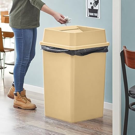 35 Gallon Square Trash Can with Drop Shot Lid, Indoor Outdoor, Beige, 19.5 x 19.5 x 33 inches