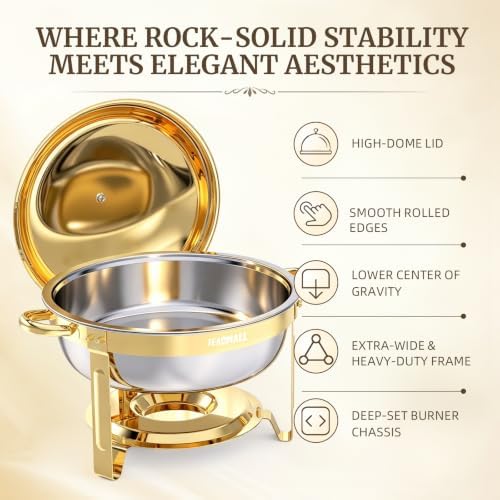 HEADMALL Chafing Dishes for Buffet 4 Pack, 6QT Round Gold Chafing Dish Buffet Set with High Dome Lid, Stainless Steel Food Warmers for Parties, Catering Supplies and Buffet Servers, Safe Rolled Edge - Image 2