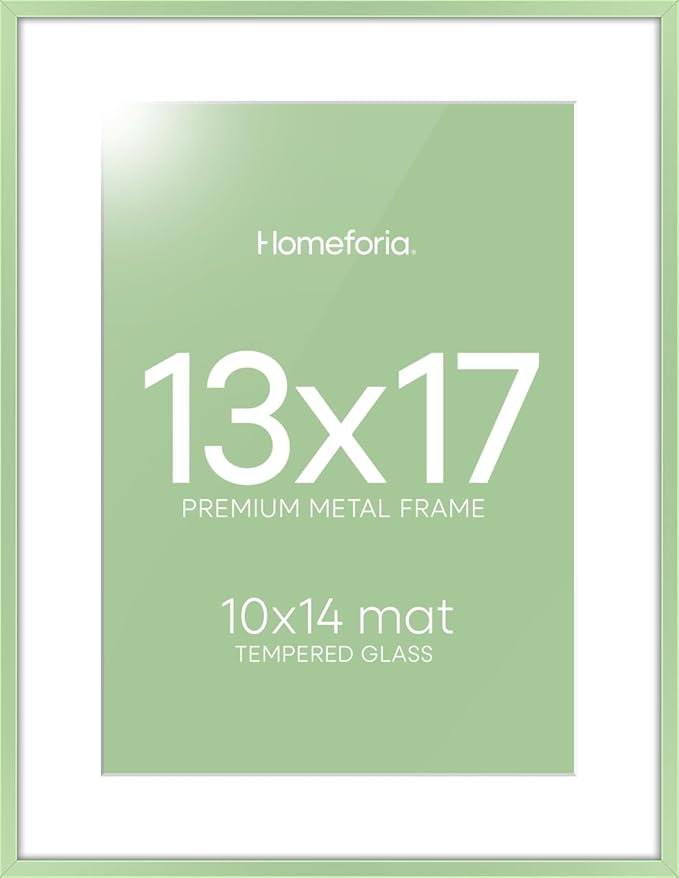 Homeforia 13x17 Picture Frame Sage Green, High End Metal 13x17 Poster Frames with Mat 10x14 Photo, 13 x 17 Sage Green Frame Matted to 10 by 14 Art, 17x13 Thin Frame, Tempered Glass, Wall Kit, Set of 1