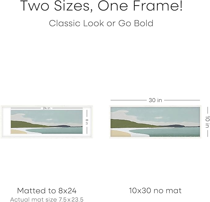 Homeforia 10x30 White Picture Frame, High End Oak 10x30 Wood Poster Frames with Mat 8x24 Print, 10 x 30 White Wooden Frames Matted to 8 by 24, 30x10 Panoramic Frame, Tempered Glass, Wall Kit, Set of 2