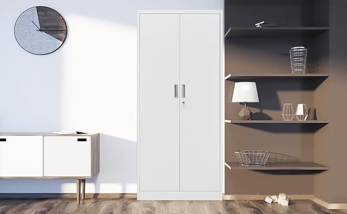 BESFUR Metal Storage Cabinets with Locking Doors and Adjustable Shelves, 71" H Steel Storage Cabinet for Garage, Office, Classroom - White