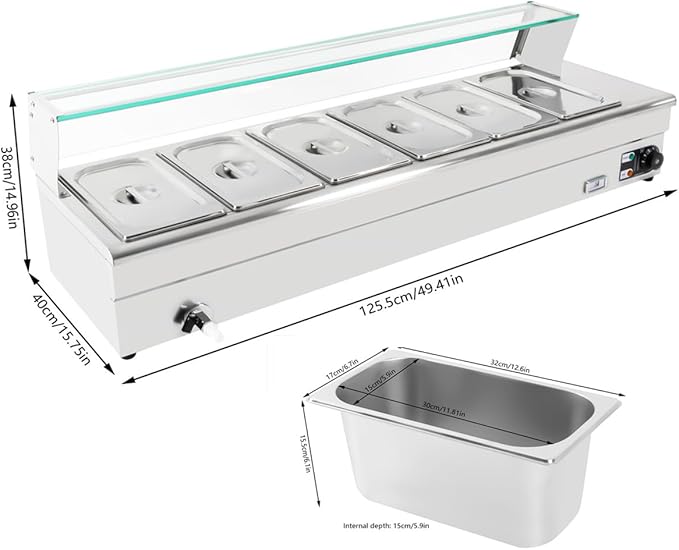 Electric Steam Table Food Warmer, 1200W Stainless Steel Bain Marie Buffet Food Warmer, 6-Pan 19Qt Commercial Buffet Warmer Countertop Steam Table with Sneeze Guard & Temp Display, 86-176℉