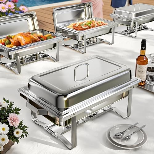 Chafing Dishes for Buffet 4 Pack, 9QT Chafing Dish High Grade Stainless Steel Chafer Complete Set,Steel Handle, Catering Events Complete Buffet Warmer Set (Silver, 4) by KScocina