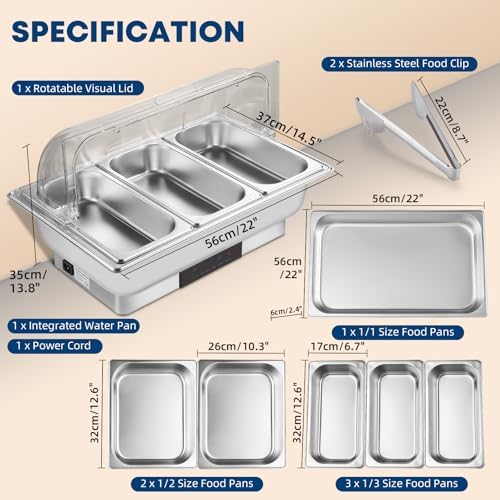 Electric Chafing Dish Buffet Server Set, Stainless Steel Full Size & Half-Size &Three-Section Food Pan with Temp Control, Roll Top Stainless Steel Food Warmers for Catering Buffet - Image 5