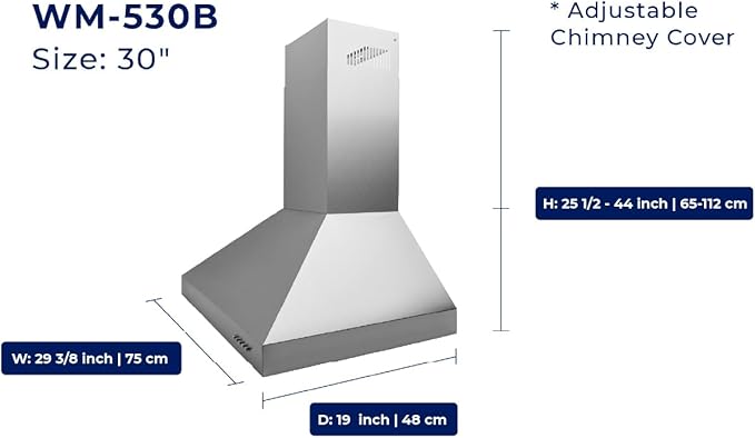 Hauslane Wall Mount Range Hood 30 Inch | Matte Black Wall Chimney | 6” Duct/Ductless Convertible, Strong Suction, Six-layer Aluminum Filters, Changeable LED Lamps, Stove Kitchen Vent Hood