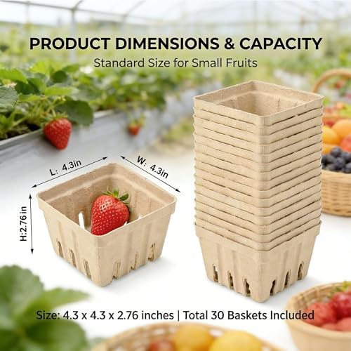 30 Pack Natural Pulp Fiber Berry Basket,Small Molded Produce Vented Basket - Image 2