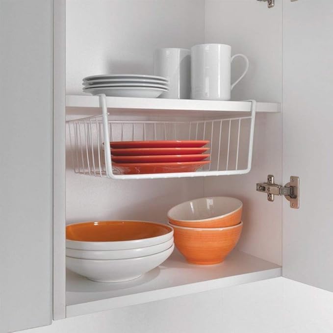 Modern Home Under Shelf Wire Storage Baskets – Hanging Organizer Rack for Cabinet, Pantry, or Closet – White Metal Basket for Kitchen, Towels, or Office – No Tools Required (Set of 4)
