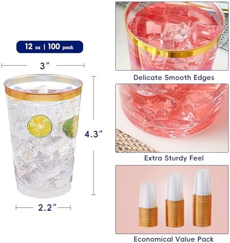 JOLLY CHEF 100 Pack 4.5 oz Gold Glitter Plastic Champagne Glasses & 12 oz Elegant Gold Rimmed Plastic Cups - Image 7