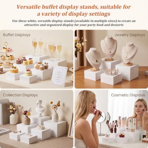 6 PCS White Acrylic Buffet Risers with 6 Signs and 8 Markers, Buffet Risers and Stands Nesting Cube Boxes with Hollow Bottoms, Food Display Stands for Party Catering Dessert Jewelry, 8"7"6"5"4"4" - Image 6