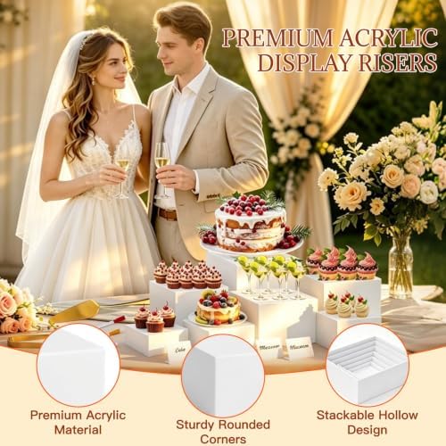 7 Pcs Buffet Risers with Mini Sign and Maker Serving Tongs Cake Cutter, White Acrylic Food Display Stands for Buffet Table Party Catering Dessert Nesting Cube Boxes with Hollow Bottoms (8",7",6",5",5",4",4") - Image 4