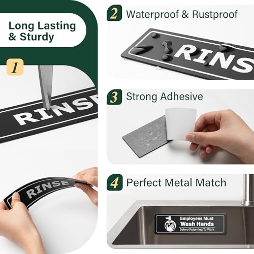 4 PK Wash Rinse Sanitize Sink Labels-Employees Must Wash Hands Sign Waterproof Sticker Signs for 3 Compartment Sinks, Restaurant Commercial Kitchen, Food Trucks, Employee Handwashing Station, Black - Image 3